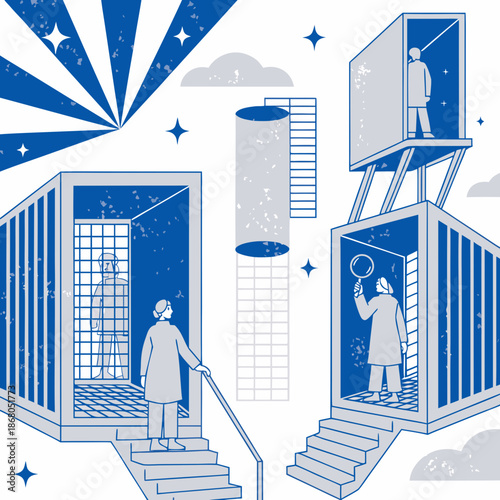 People entering rooms with unique architectural features in a surreal environment from an elevated viewpoint