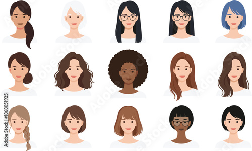 Diverse Women Avatar Collection with Various Hairstyles, Skin Tones, and Ethnicities for User Profiles.