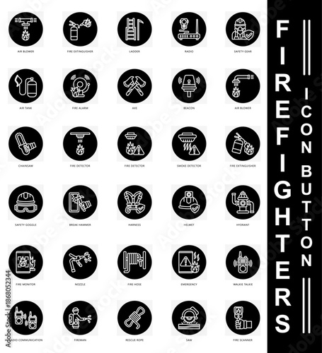 Firefighters Icon Button icons set. contain fire alarm, beacon, safety goggle, harnes, helmet, fire monitor, hose and more. Vector for modern concept, print, UI, UX kit, web and app development.