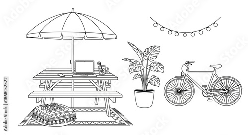 Cozy outdoor setting with bike and plant illustration