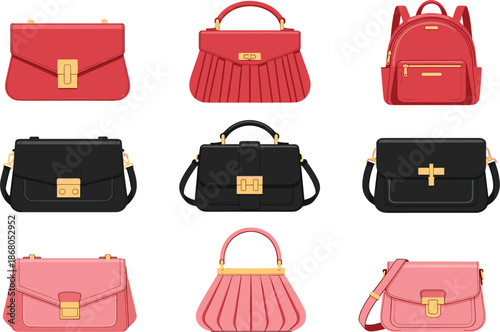 Fashionable Women's Handbag and Backpack Collection in Red, Black, and Pink with Gold Hardware.