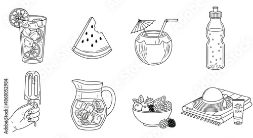 Refreshing summer beverages and treats illustration
