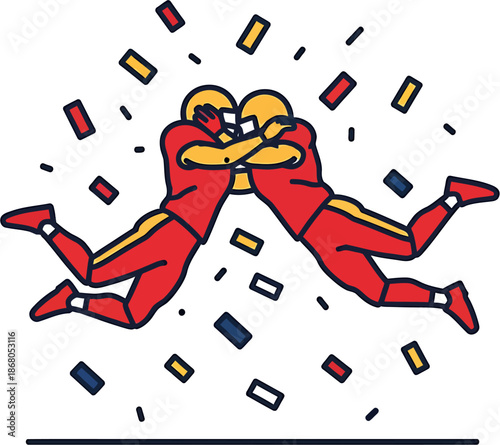 Vibrant illustration of two American football players in full uniform celebrating a triumphant moment together on the field amidst a shower of colorful confetti, symbolizing victory and camaraderie