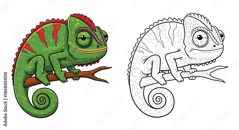 Obraz premium Chameleon Drawing and Color Illustration Comparison On Branch For Nature Art Reference