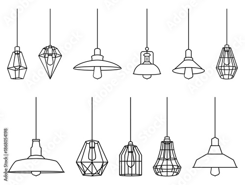 A stylish collection of hanging pendant lighting icons featuring modern ceiling lamps, industrial fixtures, and decorative interior light designs for home and decor projects.