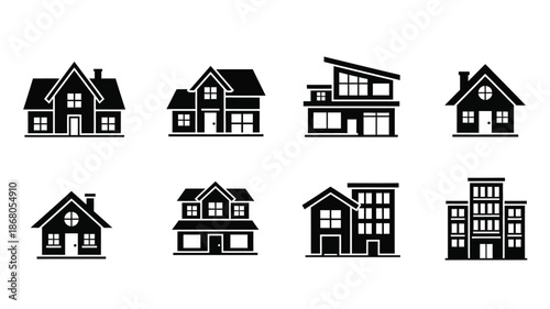 Collection of black house icons and building shapes a striking silhouette