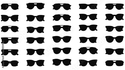A pattern of various black sunglasses in a repeating grid silhouette
