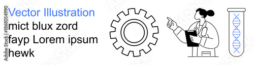 Science, education, biotechnology, industrial innovation, research, process engineering. Person pointing at DNA helix in a test tube, gear mechanism . Science and biotechnology visual