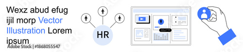 Recruitment, data analysis, HR tools, digital dashboards, workforce planning, efficiency. Visual layout includes HR connections, charts and digital system. Recruitment and data analysis concepts