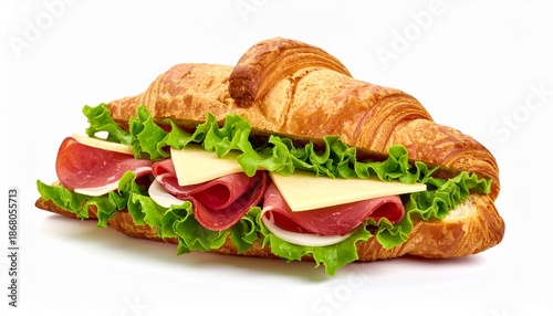 Delicious Croissant Sandwich with Ham, Cheese, and Fresh Lettuce on White Background.