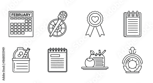February calendar, lock, award, notepad, school supplies, planner, apple, chart illustration
