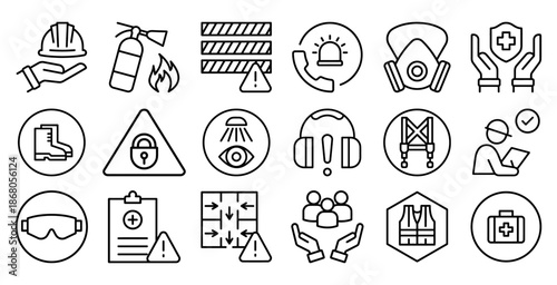 A professional set of safety and protection icons illustrating workplace security, hazard prevention, equipment symbols, emergency care, and industrial safety compliance.
