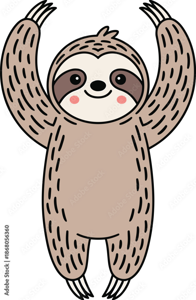 Fototapeta premium Cute cartoon sloth character raising arms in cheerful greeting adorable animal illustration for children's book graphics playful mascot design for educational resources and creative projects happy wil