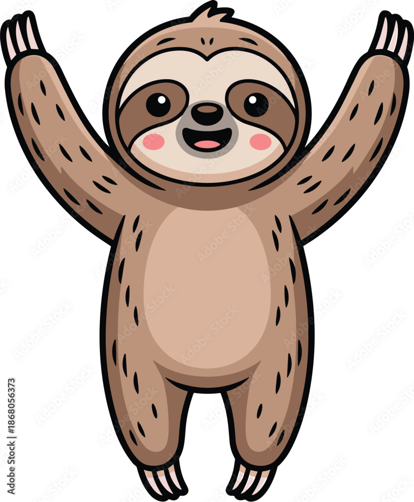 Fototapeta premium Cute cartoon baby sloth character illustration with raised arms happy adorable animal smiling isolated on white background for children's book animation educational content wildlife conservation proje