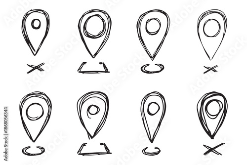 Set of hand drawn map pin Map marker pointer sign GPS and mapping tools Location pin symbol Pinpoint clipart in doodle style Single element for web, design