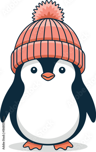 Cute cartoon penguin wearing winter hat illustration on white background adorable antarctic bird character vector graphic for kids fashion apparel design seasonal holiday greeting cards and children's
