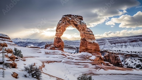 Snowy landscape with natural stone arch.