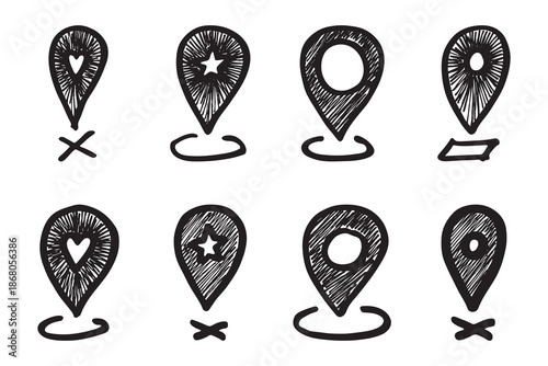 Set of hand drawn map pin Map marker pointer sign GPS and mapping tools Location pin symbol Pinpoint clipart in doodle style Single element for web, design
