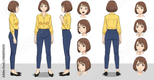 Professional Business Woman Character Set in Yellow Shirt and Blue Pants with Different Poses and Facial Expressions.