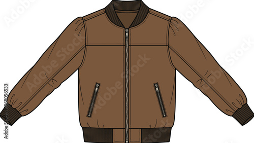 Brown bomber jacket technical flat vector illustration, front view showing ribbed collar cuffs and hem, zip closure and angled pockets design