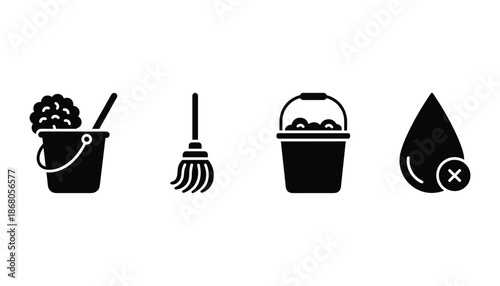 Set of cleaning tool icons such as bucket, mop, sponge and drop for home hygiene