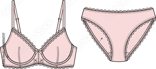 Pink lace lingerie set technical flat vector illustration, women bra and panties  and elegant feminine underwear designPink lace lingerie set technical flat vector illustration, women bra and pantie
