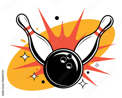 Bowling Ball Crashing into Pins Striking with Force and Energy Sport Recreation Icon Graphic Illustration for Bowling Alley Promotions Tournament Advertising and Competitive Sports Themed Design Team