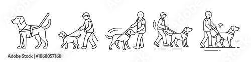 Guide dog assistance for visually impaired people vector set