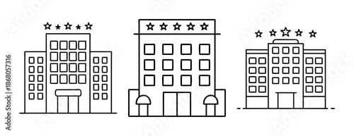 Modern outline hotel building icons with star ratings, tourism