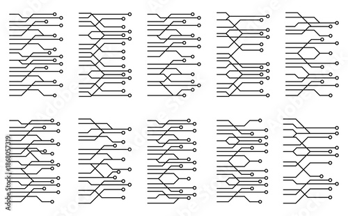 Set of circuit panel line designs representing digital connections, electronic technology layouts, and futuristic tech patterns.