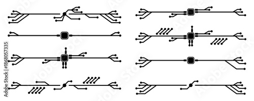 A futuristic collection of horizontal circuit board dividers and digital connection lines designed for technology themes, innovation graphics, and electronics illustration projects.