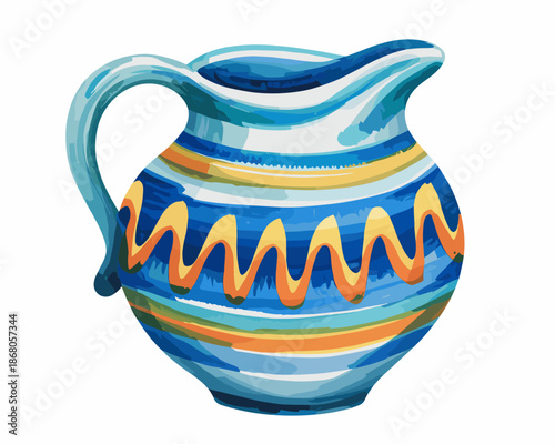 Vibrant watercolor pitcher illustration with colorful stripes artistic kitchenware for drinks serving rustic home decor element on white background hand painted ceramic jug graphic resource for design
