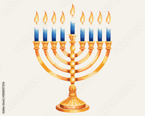 Elegant golden menorah holding lit blue and white candles illuminating religious faith tradition in watercolor painting style for Hanukkah Jewish holiday celebration and festive season greetings cards