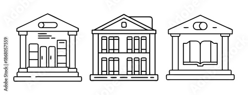 Educational, financial, and institutional building line icons set.