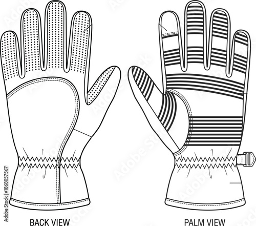 Winter gloves technical flat vector illustration, back and palm view showing grip texture, reinforced fingers and adjustable wrist strap design