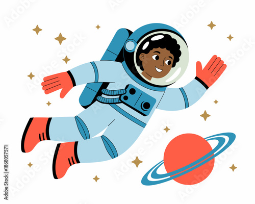 Cute cartoon astronaut floating in outer space exploration cheerful spaceman in spacesuit with planet for kids education science astronomy learning illustration in modern minimalist style for children