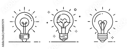 Creative ideas concept with three glowing lightbulbs icon set