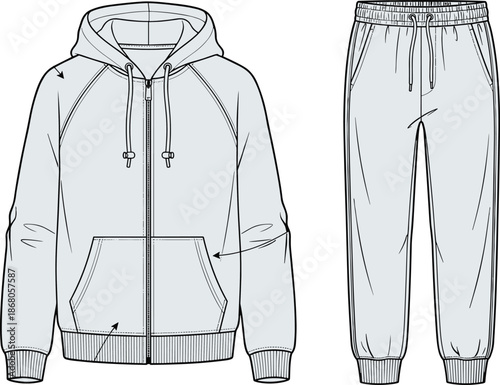 Zip front hoodie and tapered jogger pants technical flat vector illustration, front view showing drawstring hood, kangaroo pocket and ribbed cuffs style