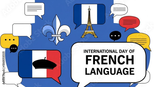 International day of french language illustration with eiffel tower french flag and beret on blue background with speech bubbles with French culture