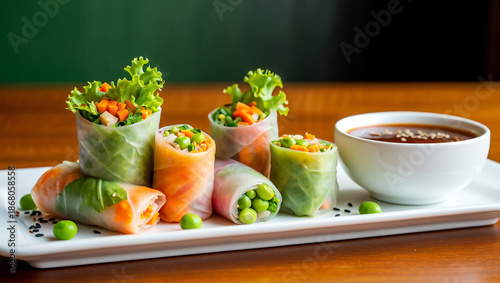 Assortment of fresh and healthy Vietnamese spring rolls served with dipping sauce on a white platter