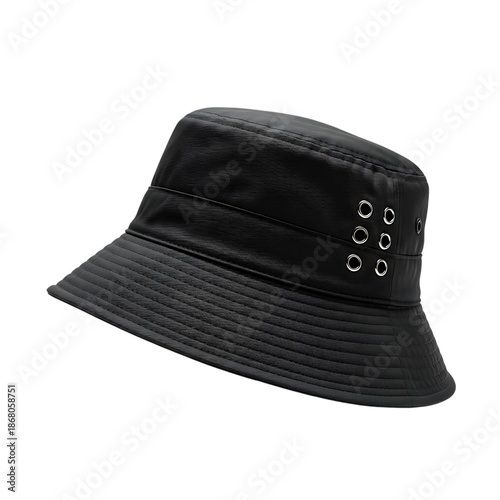 Black textured bucket hat with eyelets