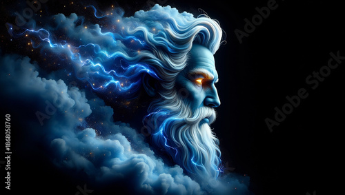 Majestic profile of Zeus emerging from swirling clouds and crackling lightning with glowing eyes