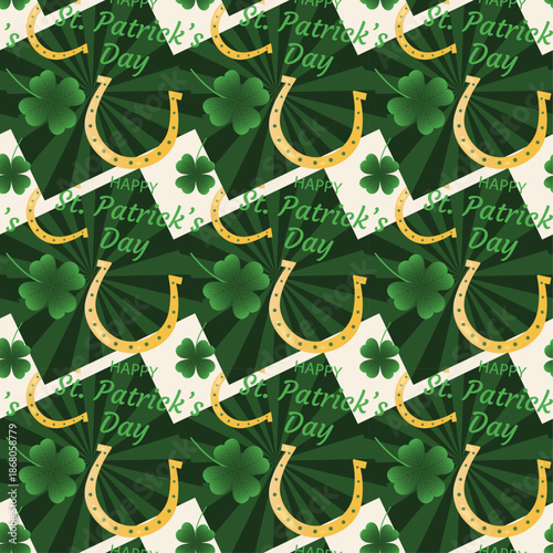 St. Patrick's Day seamless pattern. A golden horseshoe and clover leaf on a green background with rays. Vector illustration. Print for packaging and wrapping paper. Ornament.