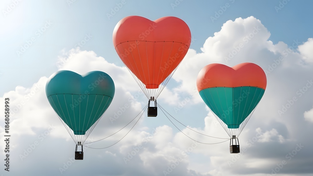 Fototapeta premium Three heart-shaped hot air balloons floating in the sky
