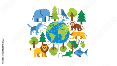 Diverse Wildlife and Lush Greenery Surrounding a Vibrant Earth Puzzle, Symbolizing Global Ecosystems and Biodiversity