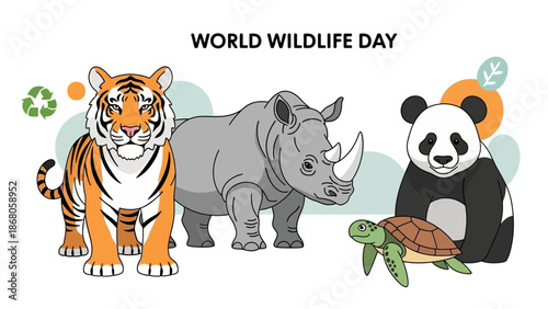 Celebrating World Wildlife Day with iconic animals including a tiger, rhino, panda, and turtle
