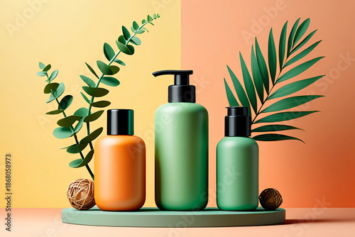 Three modern cosmetic bottles with natural green leaves and decor elements arranged for beauty product presentation