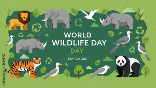 Diverse Wild Animals Unite on a Vibrant Green Landscape, Symbolizing Global Wildlife Conservation and Environmental Protection Efforts