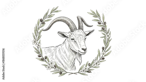 Illustration of a goat with laurel wreath.