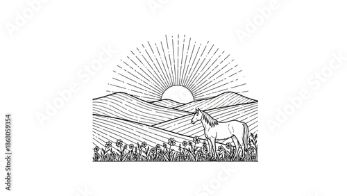 Illustration of Horse Standing in Field at Sunset.
